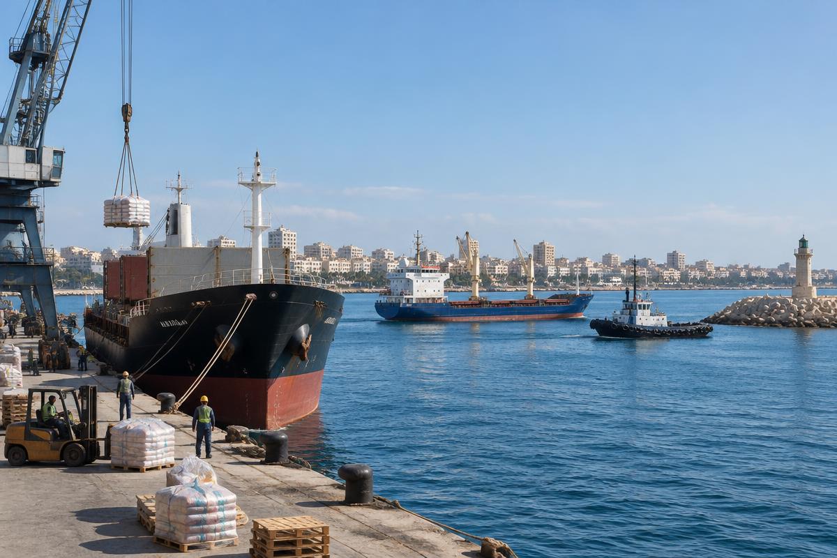AI-generated illustrative Mediterranean Sea maritime operations for Alexandria; not a photograph of the actual port