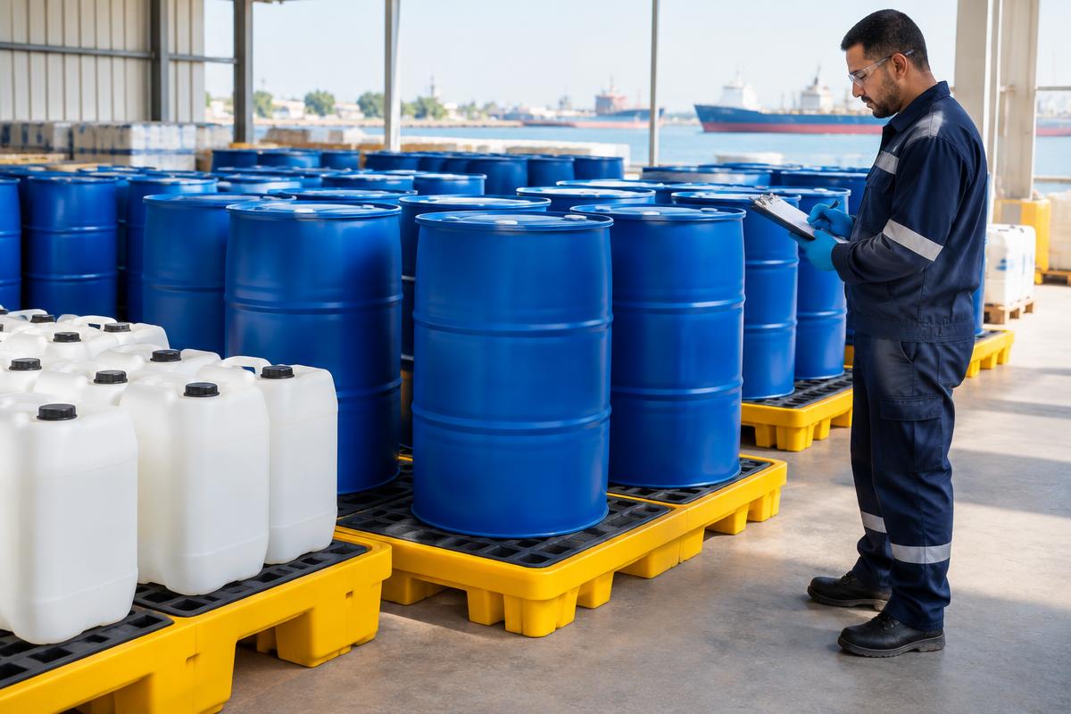 Sealed chemical drums and jerry cans being checked on spill containment pallets