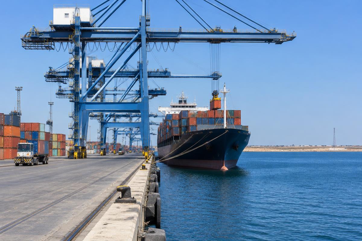 AI-generated illustrative Mediterranean Sea maritime operations for Damietta; not a photograph of the actual port