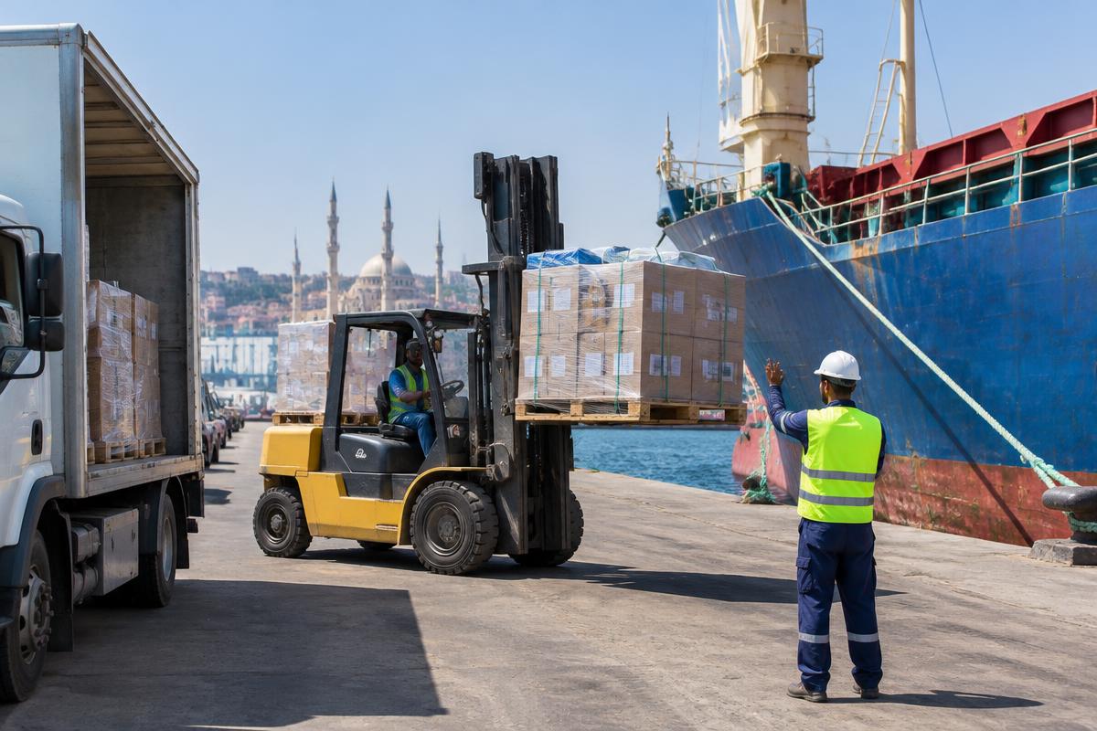 Forklift coordinating a pallet delivery beside a docked cargo ship