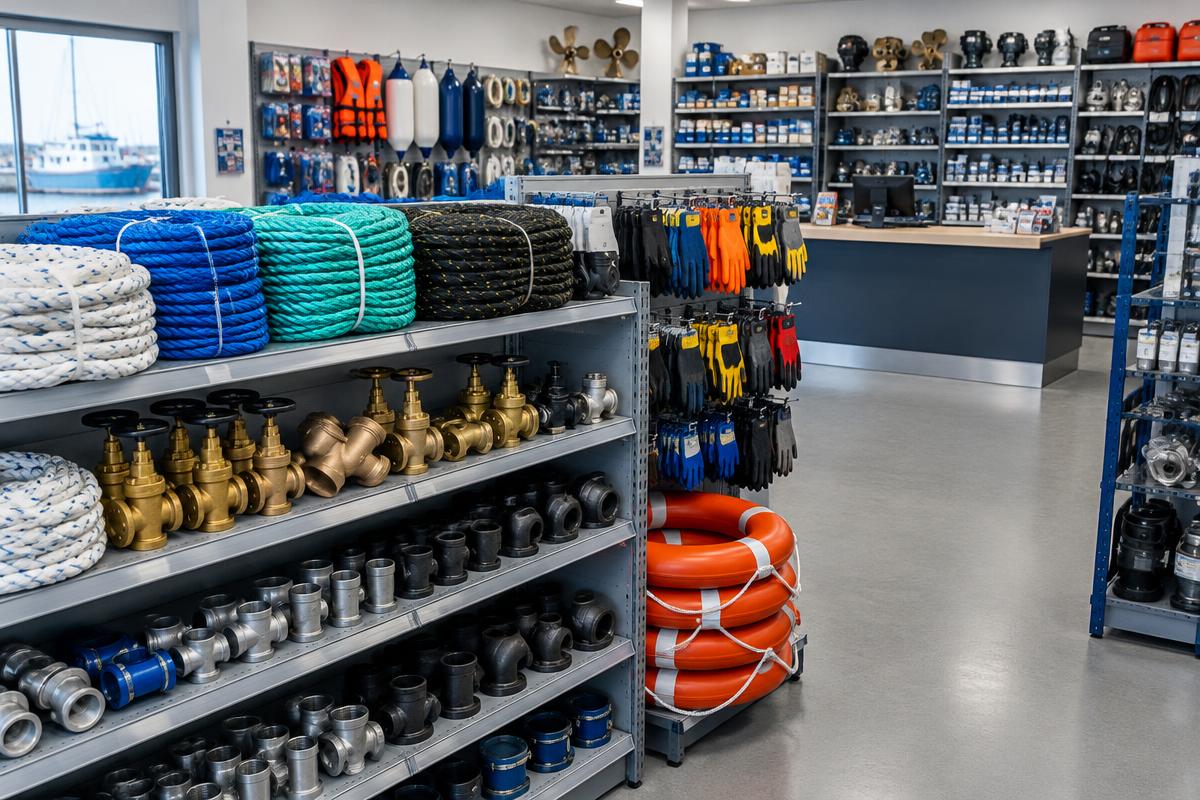 Marine supply store stocked with ropes, valves, safety equipment, and spare parts
