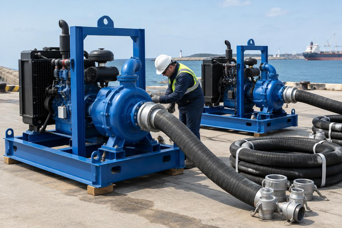 Skid-mounted marine pumps and suction hoses being inspected at a dock