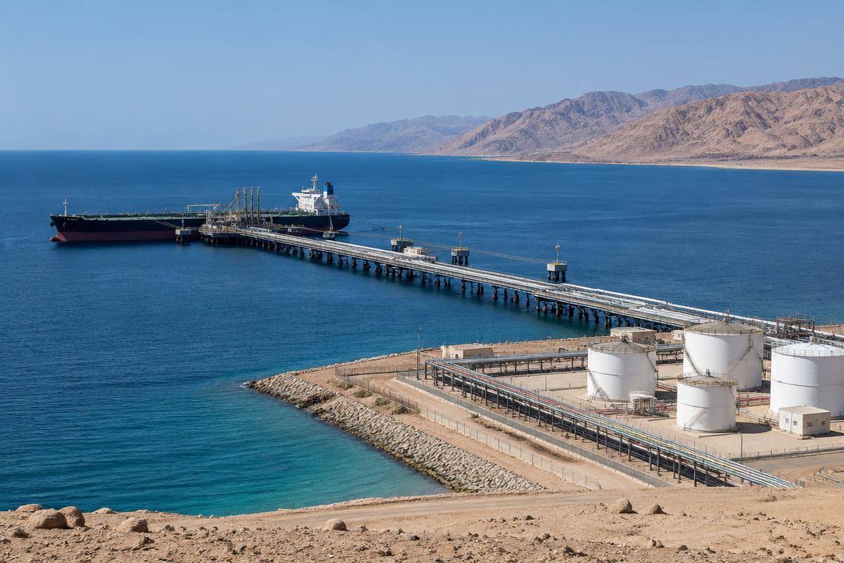 AI-generated illustrative Red Sea maritime operations for Ras Shukheir; not a photograph of the actual port