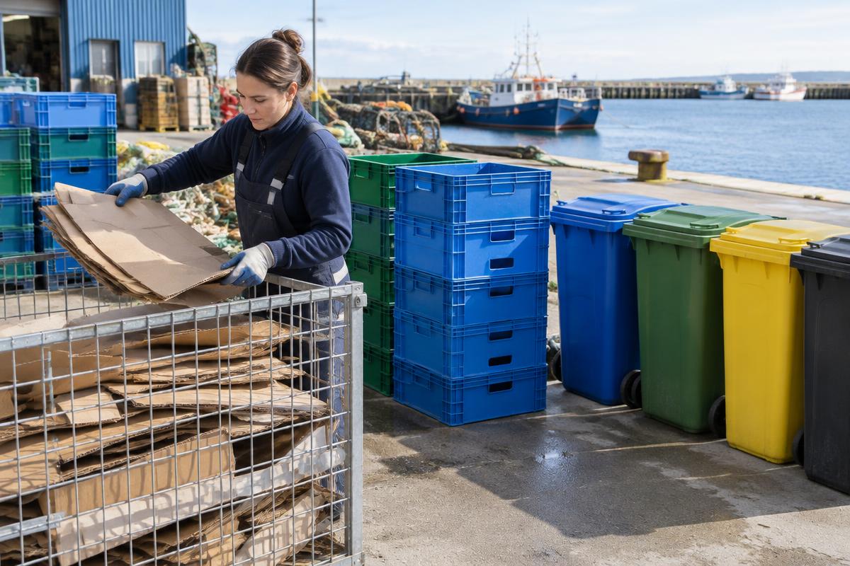 Worker sorting cardboard beside reusable delivery crates at a marine depot