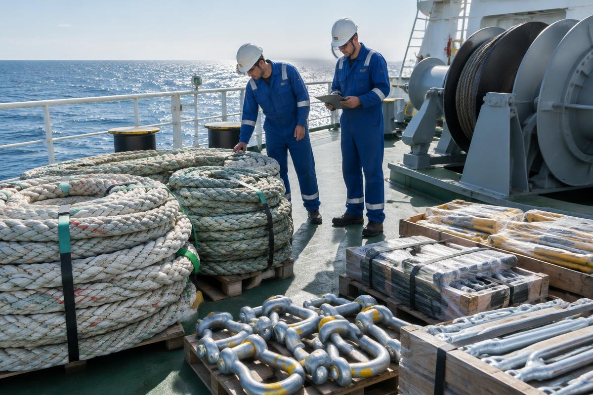 Crew checking mooring ropes, shackles, and deck tools aboard a vessel