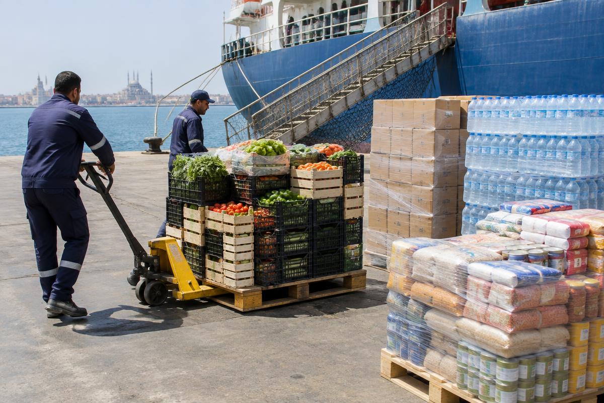 Fresh produce, food cartons, and drinking water prepared beside a vessel