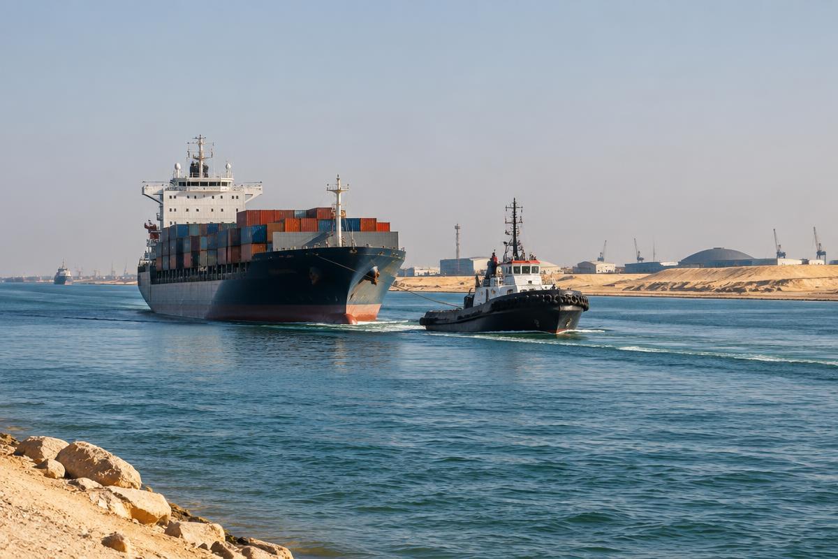 AI-generated illustrative Red Sea maritime operations for Suez; not a photograph of the actual port