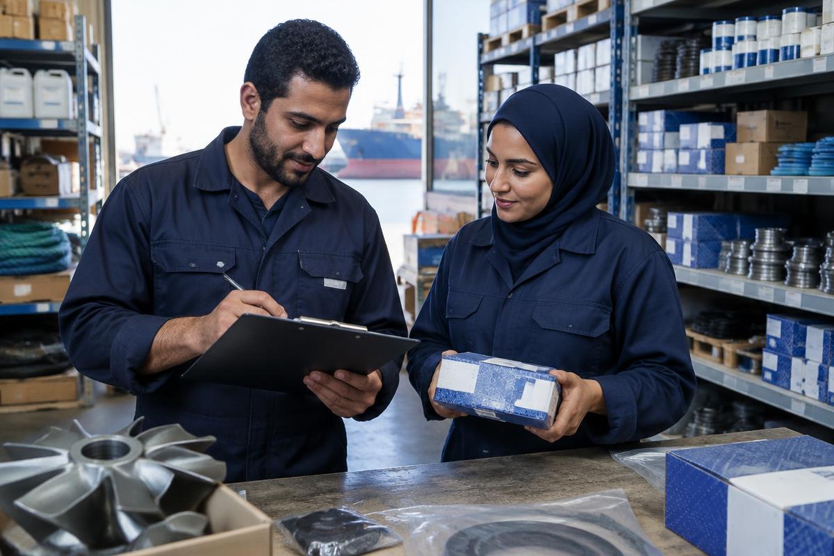 Illustrative marine supply professionals checking a spare part and shipment details